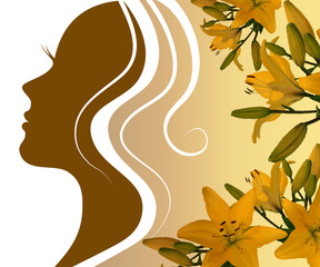 Wall Mural - silhouette profile of a beautiful woman with a lily