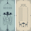 Vector menu for restaurant or cafe with a price list and a table for two, chairs and tea in a figured frame with curls in the art Deco style