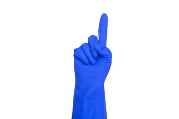 Signs made of blue protective gloves. Fingers symbol one. Isolated on white. The concept of cleanliness and order.