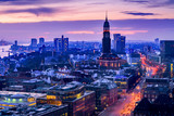 Fototapeta Miasto - Aerial view of downtown Hamburg, Germany, at dusk.