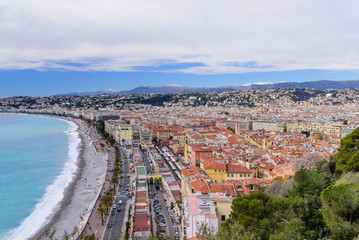 Wall Mural - Cote d'azur, France. Beautiful panoramic aerial view of city of Nice. Luxury resort of French riviera. Front view of the Mediterranean sea, the bay of Angels