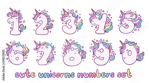 Fotografía Numbers With Cute Unicorns Character Vector Set