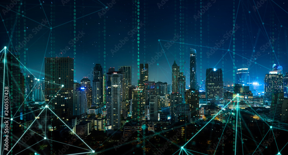 Smart city with wireless network and 5g connection technology . Bangkok city background at night . - obrazy, fototapety, plakaty 