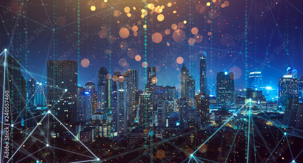 Smart city with wireless network and 5g connection technology . Bangkok ...