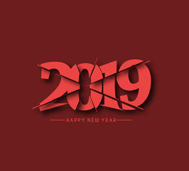 Happy New Year 2019 Text Cut Paper Design Patter, Vector illustration.