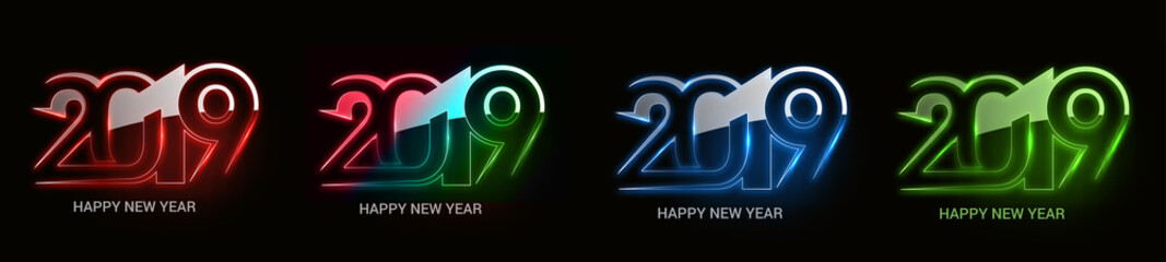 Set of Happy New Year 2019 Glowing Text Design Patter, Vector illustration.