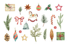 Watercolor Vector Christmas Set With Fir Branches, Balls And Gifts.