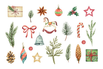 Wall Mural - Watercolor vector Christmas set with fir branches, balls and gifts.