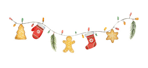 Wall Mural - watercolor vector christmas garland with lights and gifts.