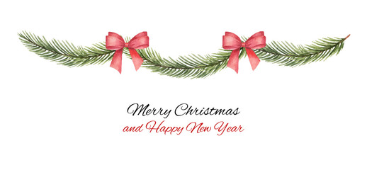 Wall Mural - watercolor vector christmas garland with a red bow and fir branches.