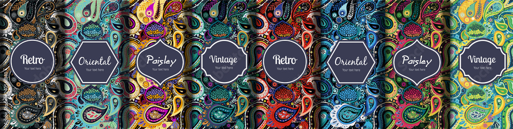 Set of seamless patterns in vintage paisley style. - obrazy, fototapety, plakaty 