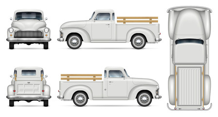 Wall Mural - Old truck vector mockup on white background. Isolated white vintage pickup view from side, front, back, top. All elements in the groups on separate layers for easy editing and recolor.