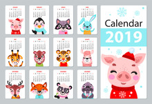 Calendar 2019. Cute Monthly Calendar With Animals. Hand Drawn Characters. Vector Illustration.
