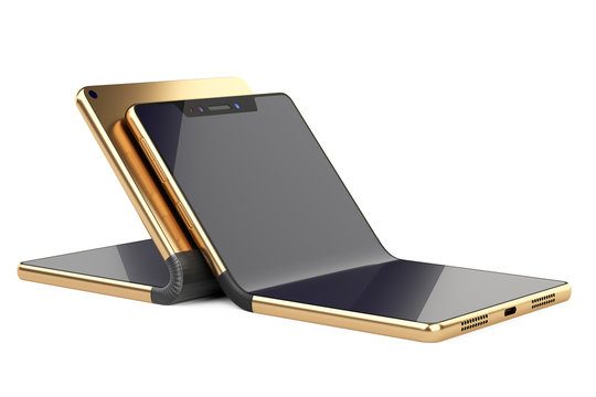 Two golden fexible foldable smartphone - concept.