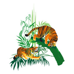 Graphic design with two aggressive fighting tigers surrounded by exotic plants.