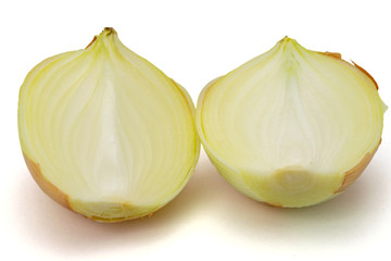 Cut onions on the white background