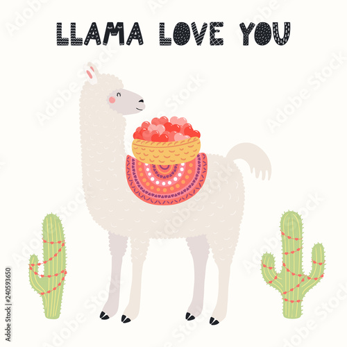 Hand Drawn Valentines Day Card With Cute Funny Llama - 