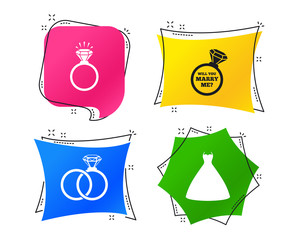 Wedding dress icon. Bride and groom rings symbol. Wedding or engagement day ring shine with diamond sign. Will you marry me? Geometric colorful tags. Banners with flat icons. Trendy design. Vector