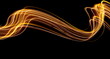 Long exposure light painting photography, curvy lines of vibrant neon metallic yellow gold against a black background