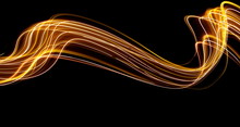 Long Exposure Light Painting Photography, Curvy Lines Of Vibrant Neon Metallic Yellow Gold Against A Black Background