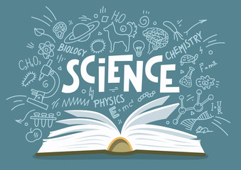 Wall Mural - Stack of books with science education doodles