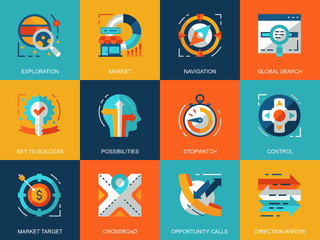 Aufkleber - Flat conceptual business elements icons concepts set for website and mobile site and apps. Symbols and new leadership metaphors. Flat style pictogram pack. Vector illustration.
