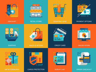 Poster - Flat conceptual shopping and e-commerce icons concepts set for website and mobile site and apps. Delivery goods, market gifts and bonuses. Flat style pictogram pack. Vector illustration.