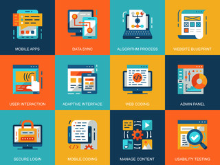 Poster - Flat conceptual web development icons concepts set for website and mobile site and apps. Mobile apps coding, user interface testing. Flat style pictogram pack. Vector illustration.