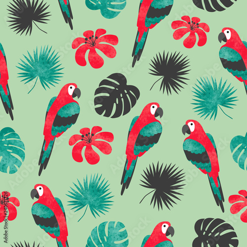 Seamless bright tropical pattern with watercolor parrots and palm leaves.