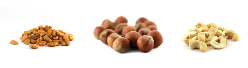 cashew, peanuts and filbert isolated on white background