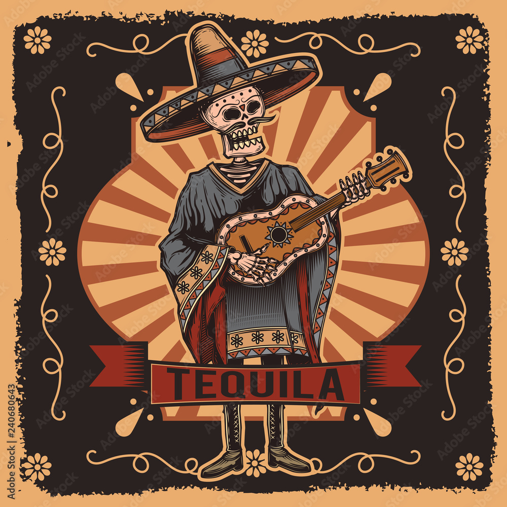 Fotografering Vector label with a skeleton with a guitar in his hands. Tequila