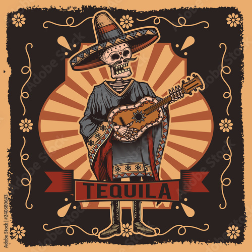 Vector label with a skeleton with a guitar in his hands. Tequila Poster Mural XXL