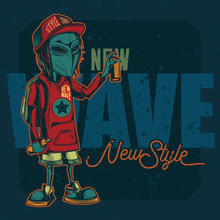 Original Vector Illustration In Retro Style. Alien In A Cap, With A Can Of Paint In His Hands, On The Background Of The Inscription.