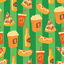 Fast Food Seamless Vector Pattern. Snack Food And Drinks Background With Hand Draw Pizza, Hot Dog, Popcorn, Beer, Cup. Doodle Snack Items. Use For Menu, Flyer, Decor, Summer, Football Or Soccer Party.