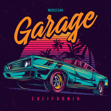Original Vector Illustration Of An American Muscle Car In Retro Neon Style.