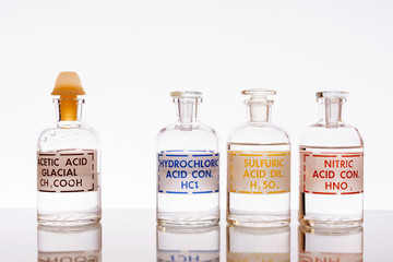 The three common inorganic acids and the most common organic acid used in chemistry: hydrochloric, sulfuric, nitric and acetic.