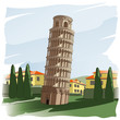 Leaning Tower of Pisa.
Landscape. Architectural building, historical monument. Vector illustration. Imitation of watercolor painting.