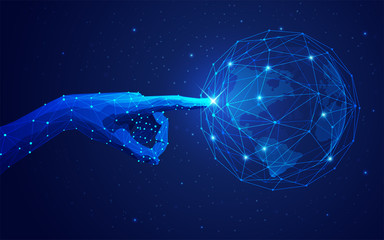 Wall Mural - concept of global network or communication technology, futuristic hand pointing on wireframe globe