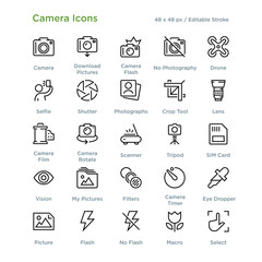 Sticker - Camera Icons - Outline styled icons, designed to 48 x 48 pixel grid. Editable stroke.