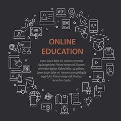 Poster - E-learning distance education outline icons set for interface, print.