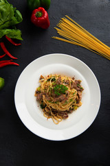 Sticker - spaghetti with iberico pork flat lay view