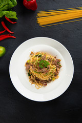 Sticker - spaghetti with iberico pork flat lay view