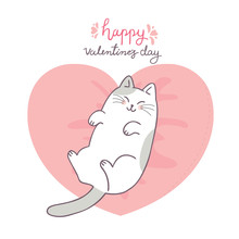 Cartoon Cute Valentines Day Cat And Love Vector.