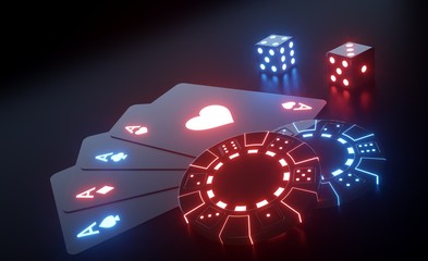 Casino Gambling Concept With Futuristic Neon Lights - 3D Illustration