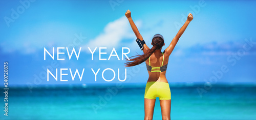 New Year New You motivational message weight loss fitness banner. New Year new you resolution inspirational quote on beach background. Cheering winner woman with arms up training goal.