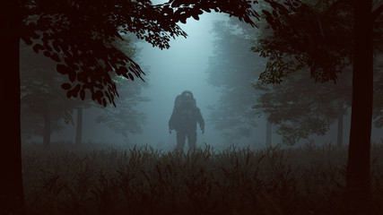 Wall Mural - black suited astronaut with black visor standing in a wooded clearing with a beam of light 3d illust