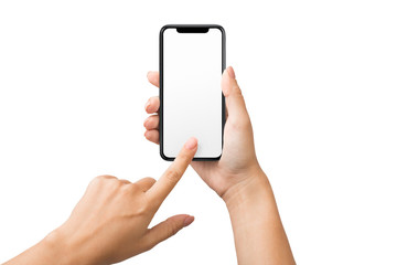 Fototapete - Female hand using blank touchscreen of smartphone