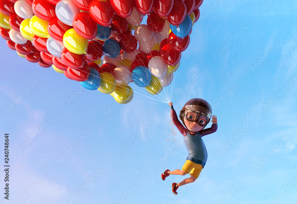 Happy kid boy having fun flying up with air ballons. Funny child cartoon character of little boy with vintage aviator glasses and helmet. Freedom and happy childhood concept. 3D render - obrazy, fototapety, plakaty 