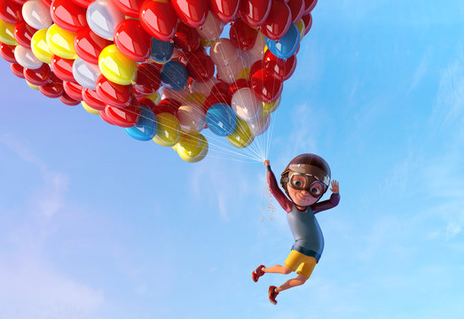 happy kid boy having fun flying up with air ballons. funny child cartoon character of little boy wit