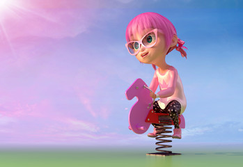 Wall Mural - Cute toon girl swinging on a spring horse seesaw in children playground. Funny cartoon character of a little pretty kid with glasses and pink anime hairs. 3D illustration.